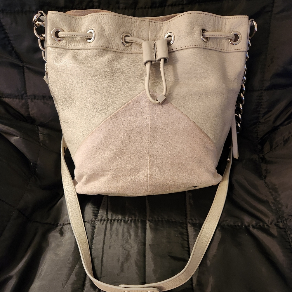 Marc Fisher Drew Bucket/ Crossbody Bag Stone Leather & Suede Combo W/ Dust Bag